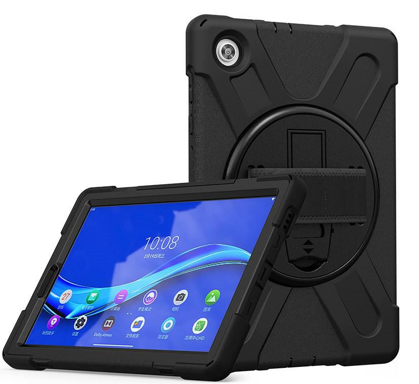 Black tablet case designed for 11.5" devices, featuring a sturdy, textured exterior, built-in kickstand, and cutouts for camera and ports.