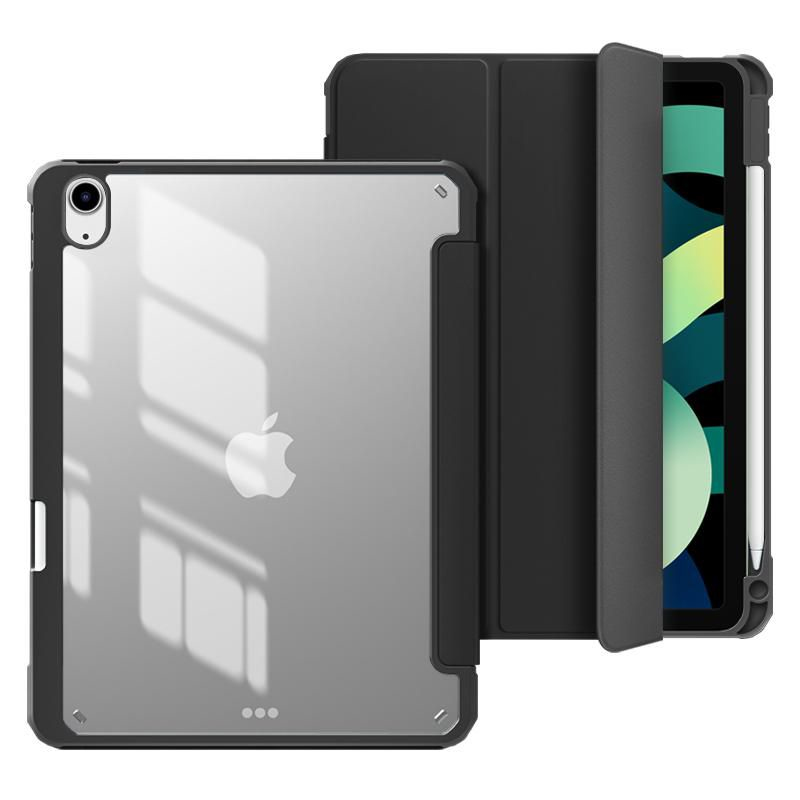 Black folio tablet case for 10.9" devices, featuring a sleek design with a transparent back, magnetic closure, and cutouts for ports and buttons.