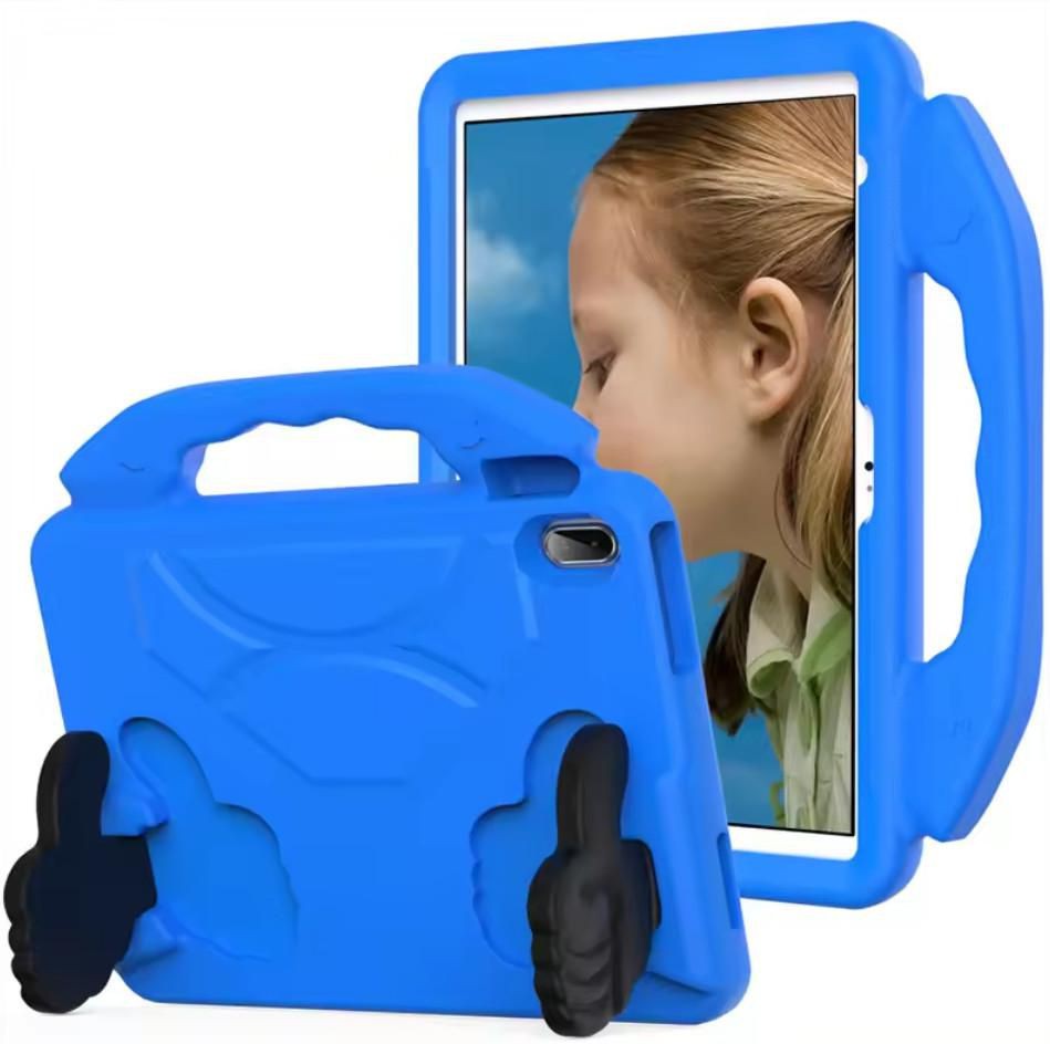 Bright blue tablet case with a handle, made of durable material, featuring thumbs-up grips on the sides, designed for 10.9" tablets, providing protection and easy handling.