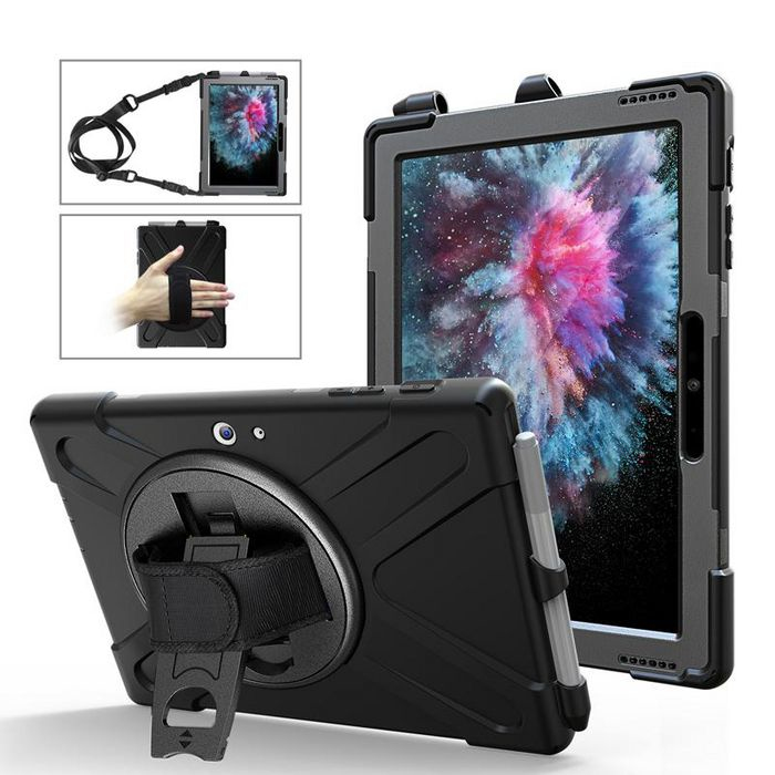 Black tablet case for 12.4" devices, featuring a rugged design, adjustable hand strap, and a rotating stand for versatile viewing angles.
