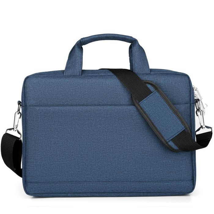Blue toploader laptop case by eSTUFF, made of durable material, features a padded compartment for a 15.6" laptop, dual handles, and an adjustable shoulder strap.