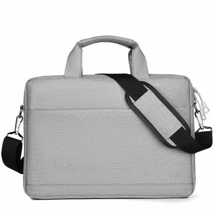 Grey toploader laptop case by eSTUFF, measuring 39.6 cm (15.6"), featuring a textured fabric, dual handles, and a detachable shoulder strap for easy carrying.