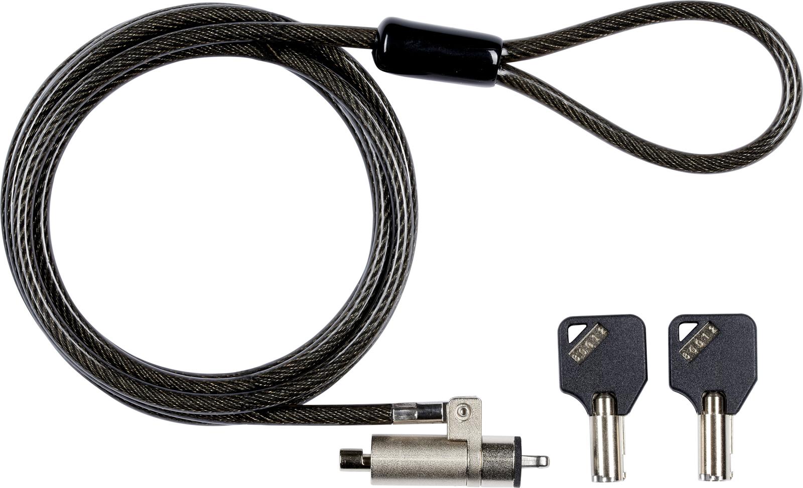 Black 1.8-meter cable lock featuring a durable steel construction, a locking mechanism, and two accompanying keys for security.