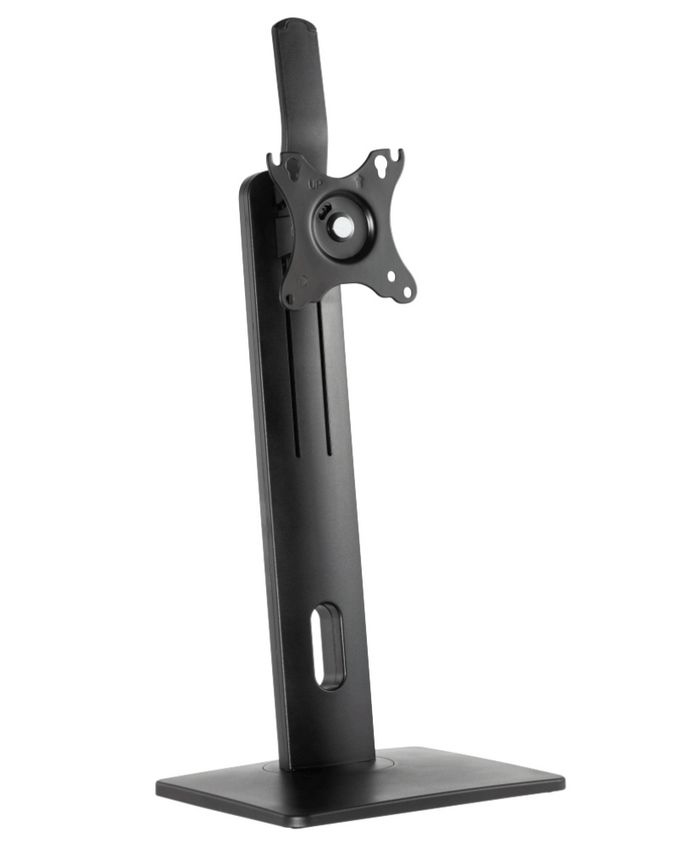 Black monitor mount stand with a sturdy square base, vertical support with cable management slot, and a VESA-compatible mount for 32" screens.
