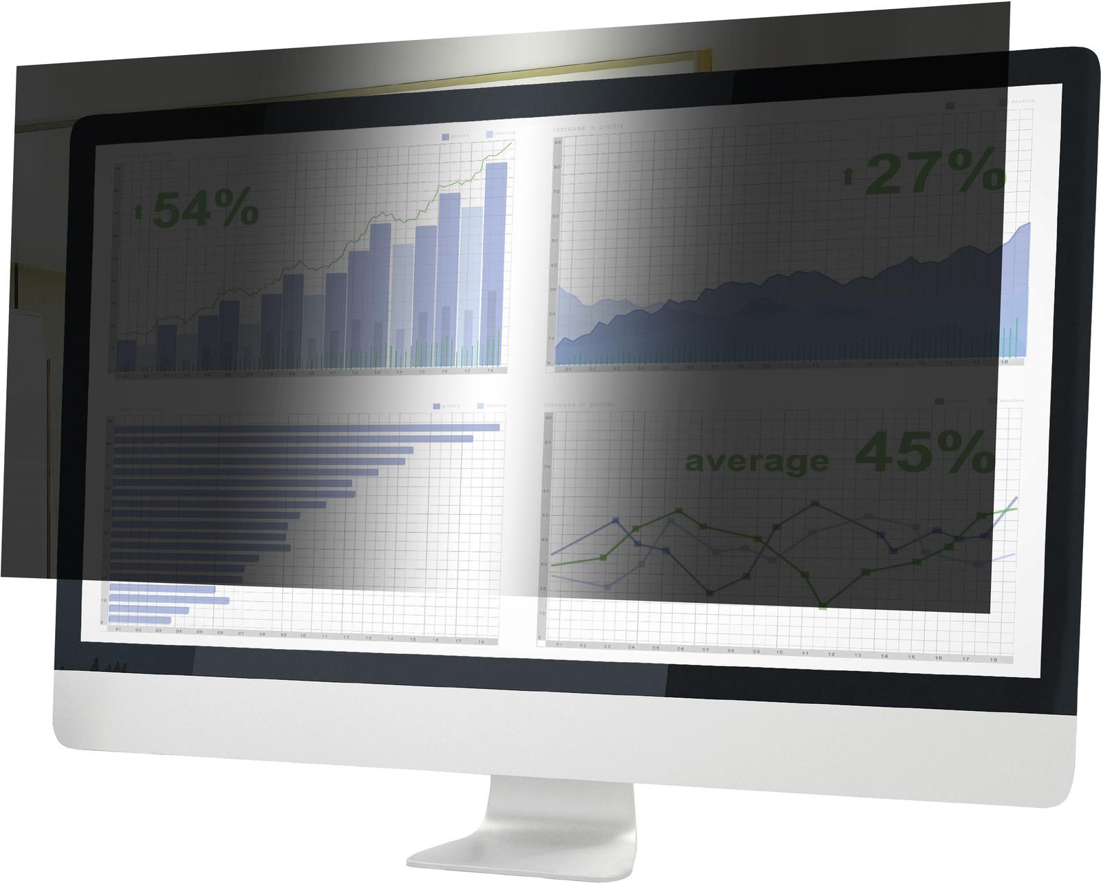 Black privacy filter attached to a 22-inch monitor, displaying graphs and data metrics, designed to reduce visibility from side angles.