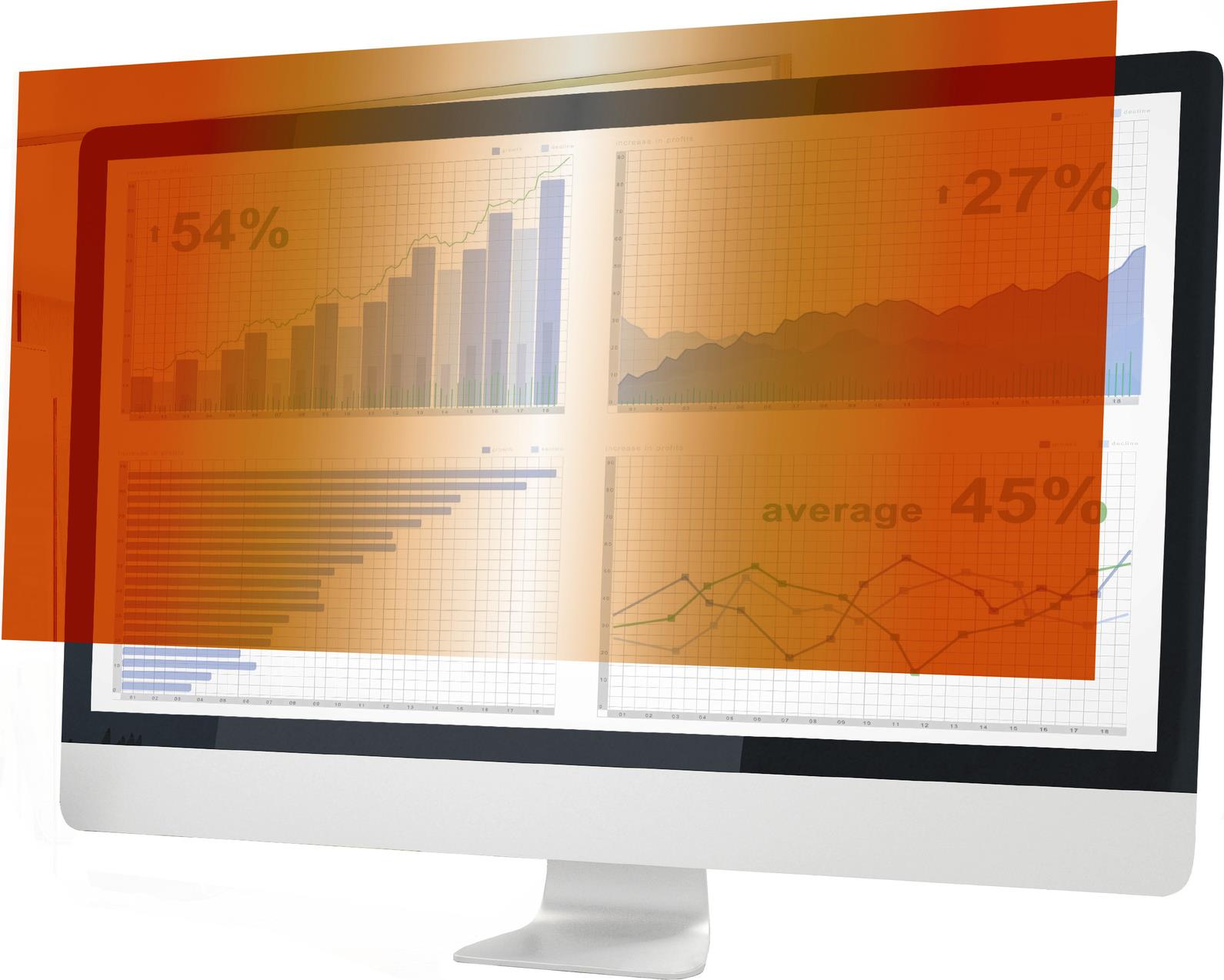 Display privacy filter for a 19-inch monitor, featuring a translucent orange tint that obscures screen content from side views, enhancing privacy while maintaining visibility for direct users.