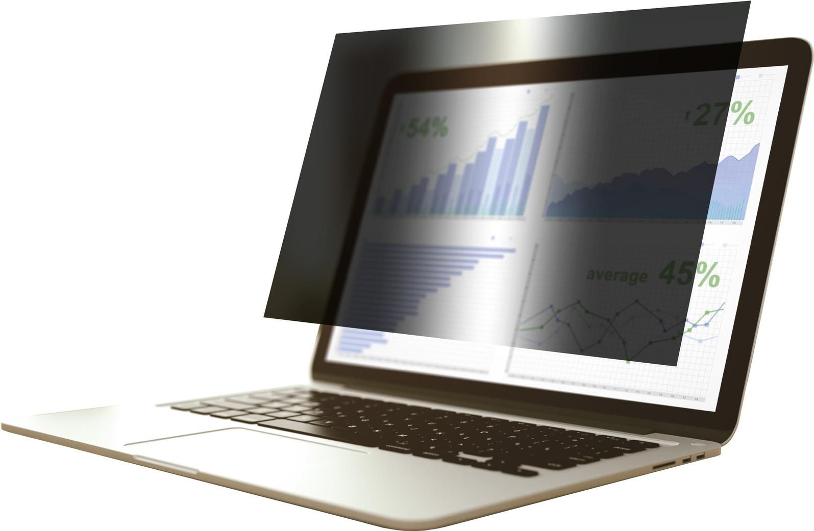 Display privacy filter for a 15.4" laptop, featuring a darkened surface that obscures screen content from side views, enhancing privacy while maintaining visibility for direct users.