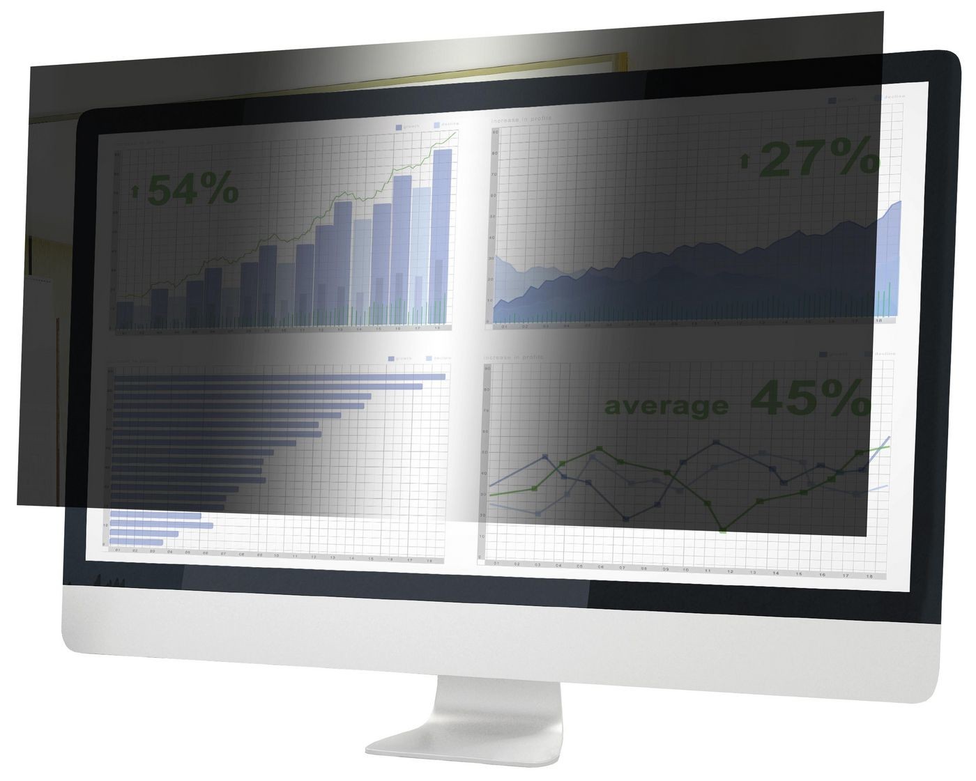 Black privacy filter for a 23.8-inch monitor, partially obscuring data graphs and charts, with a sleek white frame and a modern design.