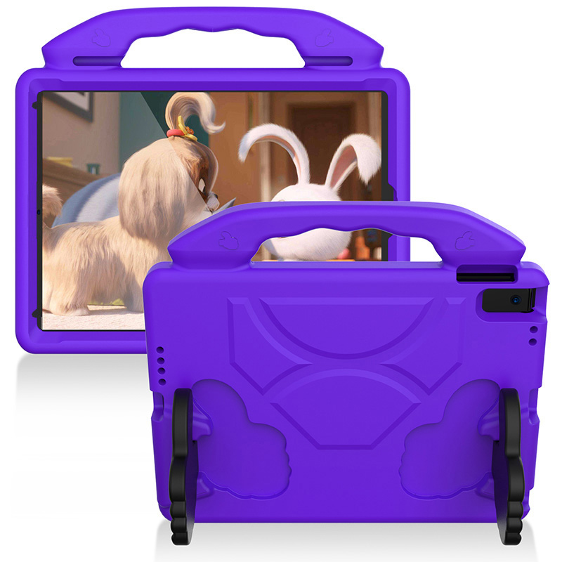 Purple silicone protection case for Apple iPad 10.2/Pro 10.5/Air 10.5, featuring a sturdy handle and built-in stand, designed for durability and child-friendly use.