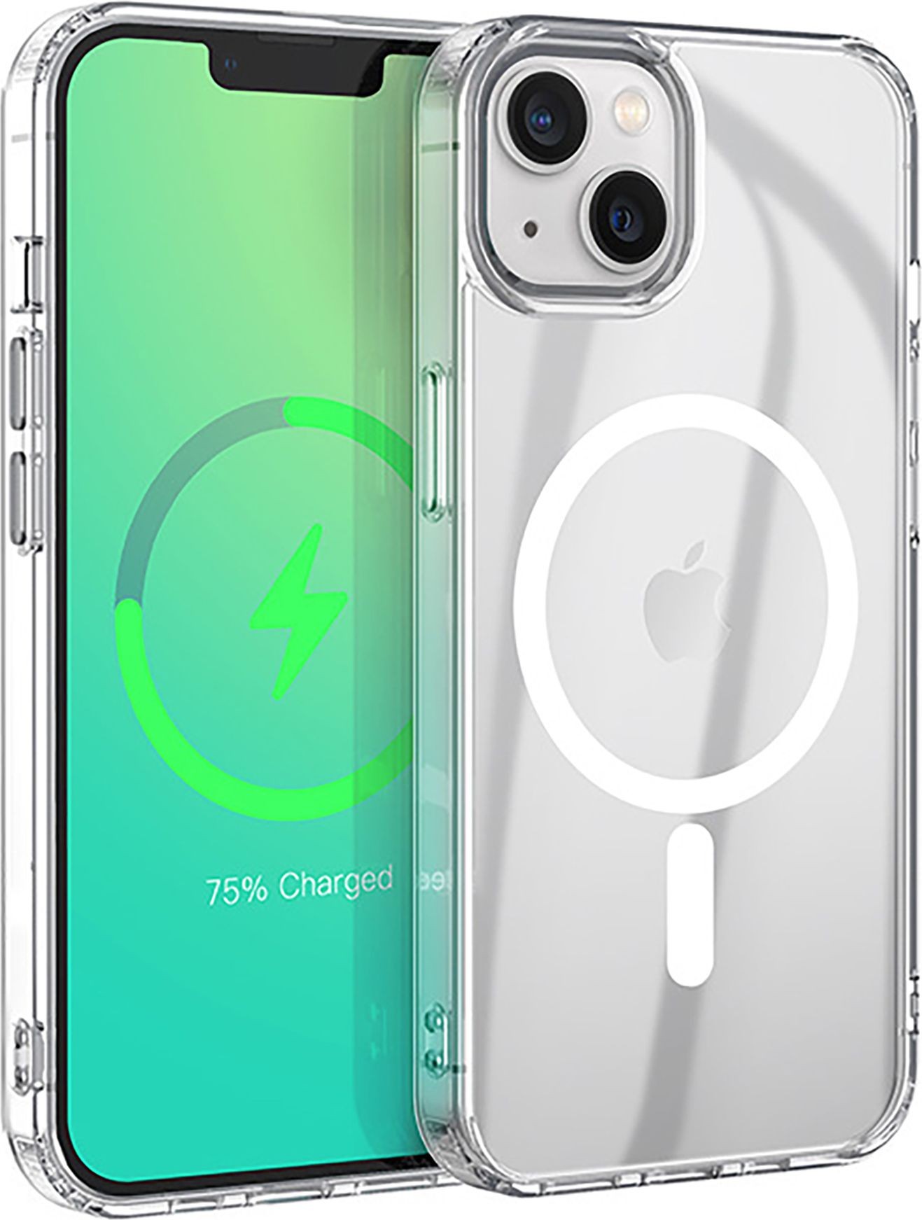 Clear, slim protective case for iPhone 15 featuring MagSafe compatibility, showcasing a green battery charging icon and a white magnetic circle on the back.