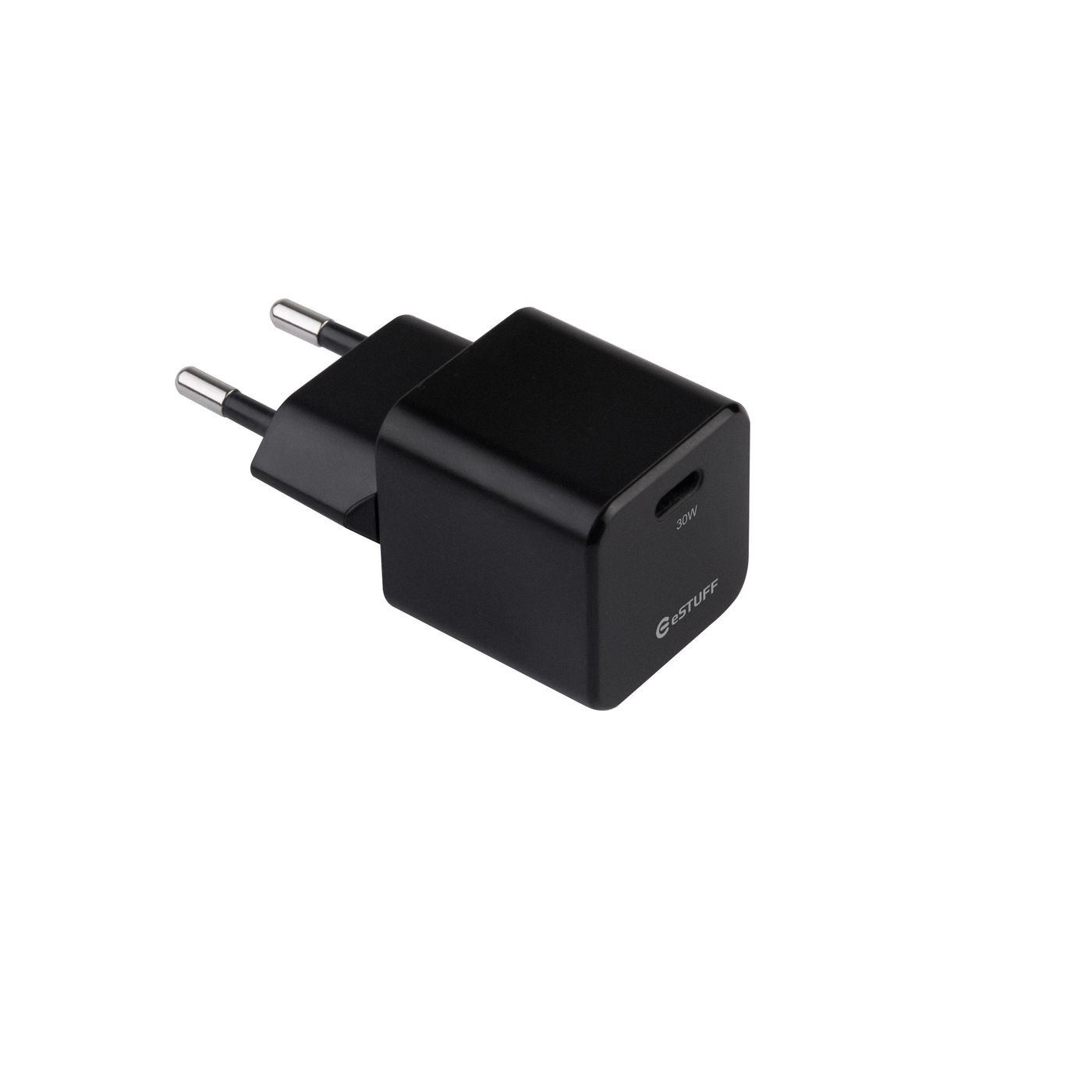Black rectangular USB charger with two prongs, featuring a single USB port on one side and the eSTUFF logo on the front.