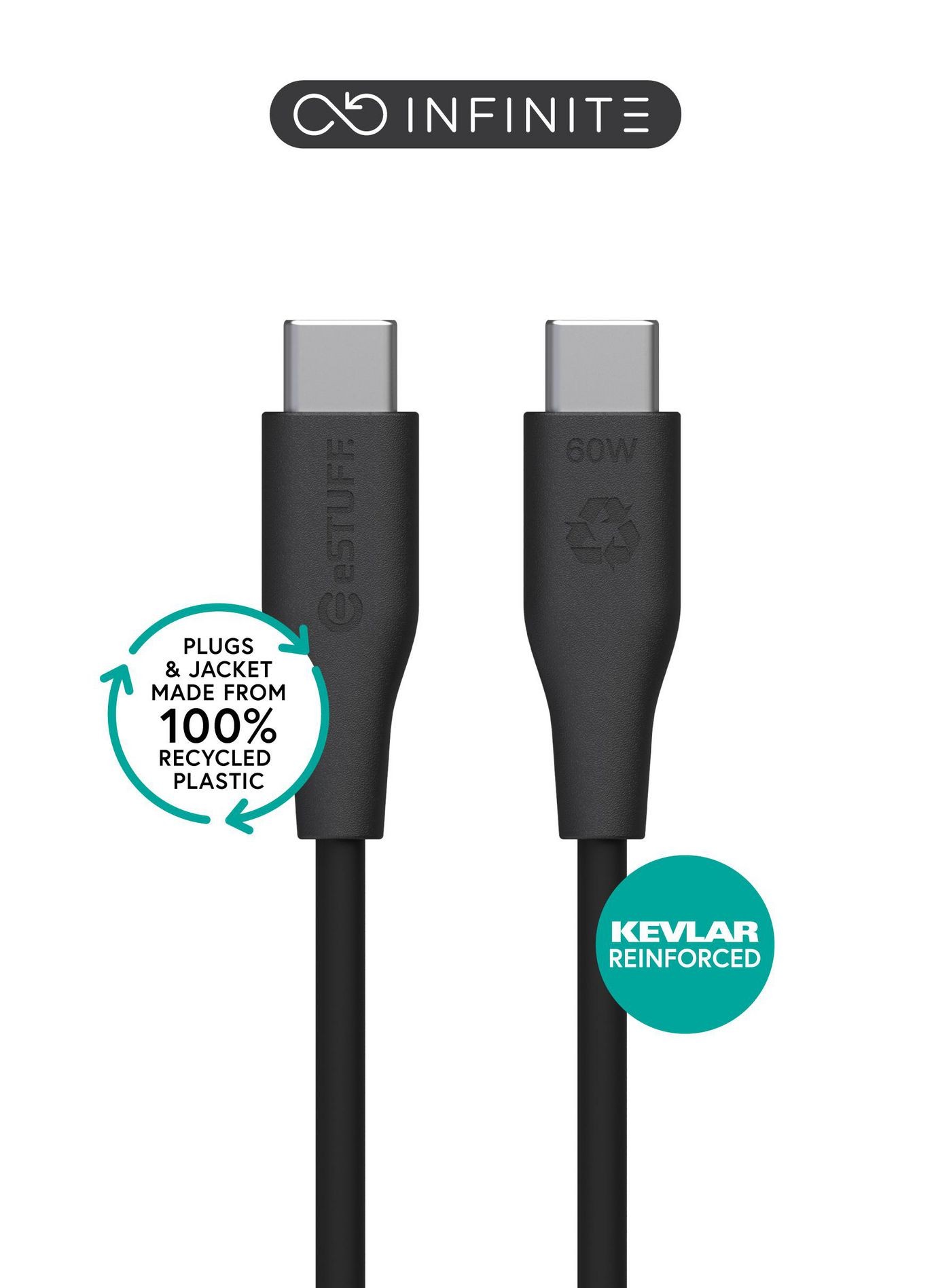 Black USB-C to USB-C cable with Kevlar reinforcement, featuring 60W power delivery, made from 100% recycled plastic, highlighted with eco-friendly branding.