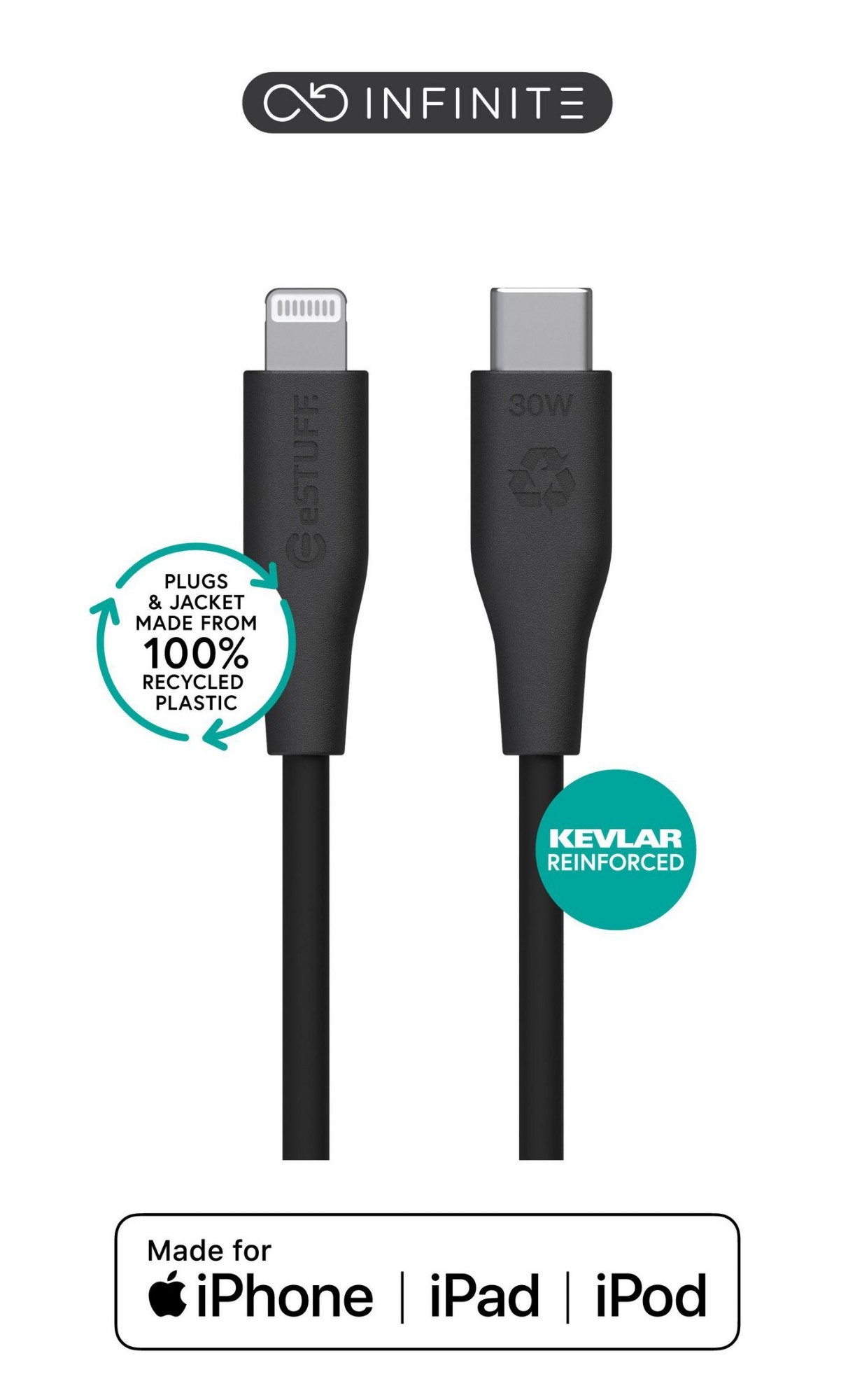 Black charging cable with a Lightning connector on one end and a USB-C connector on the other, featuring a Kevlar reinforced jacket and made from 100% recycled plastic.