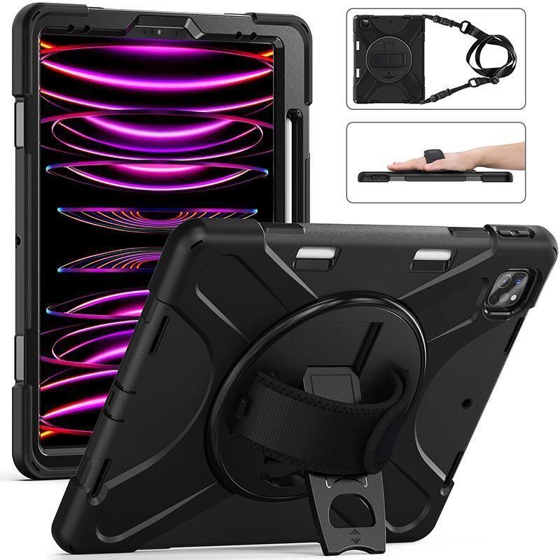 Black rugged case for iPad Pro 13 (2024/2025) featuring a built-in stand, hand strap, and durable material with a textured grip, designed for enhanced protection and usability.