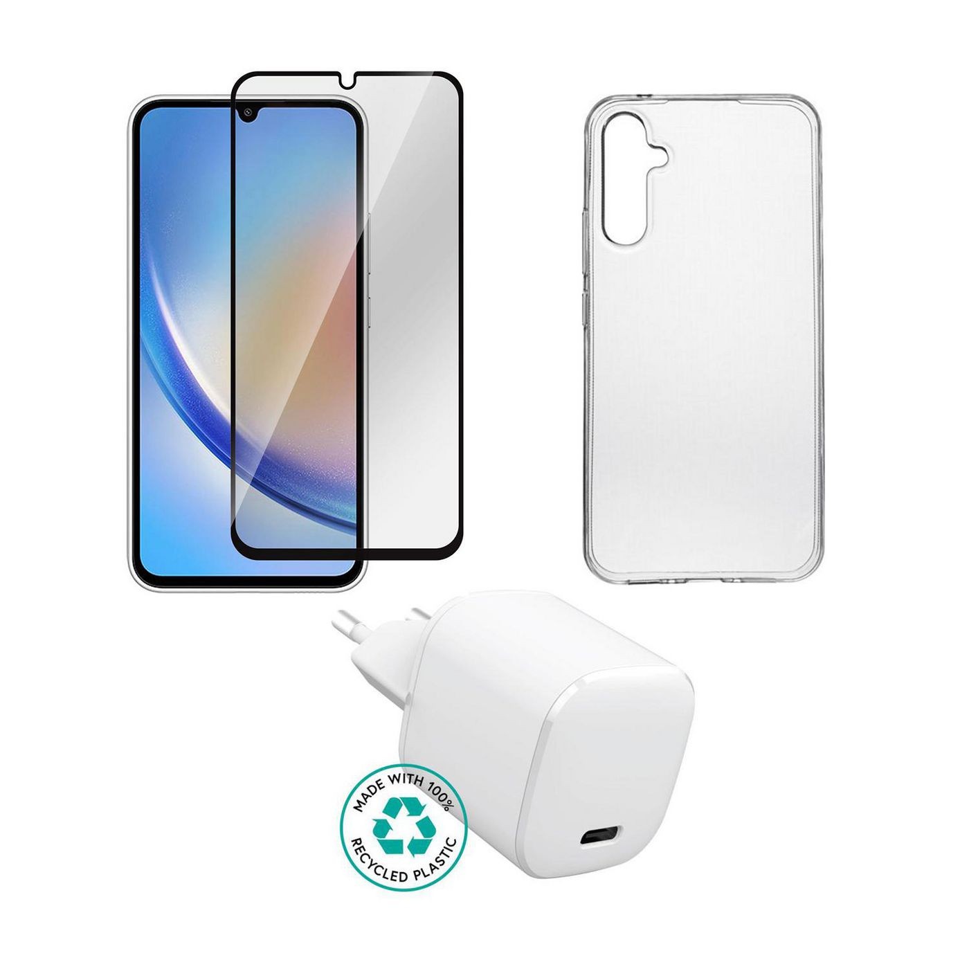Clear phone case, two tempered glass screen protectors, and a white USB-C charger, all designed for the Samsung Galaxy 15, with a label indicating recycled plastic use.