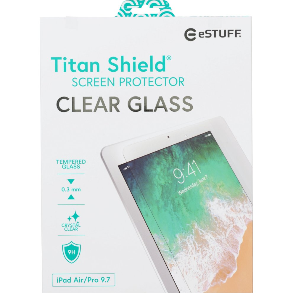 Clear tempered glass screen protector for iPad 9.7", featuring a 0.3 mm thickness, 9H hardness, and labeled "Titan Shield" with a crystal clear finish.