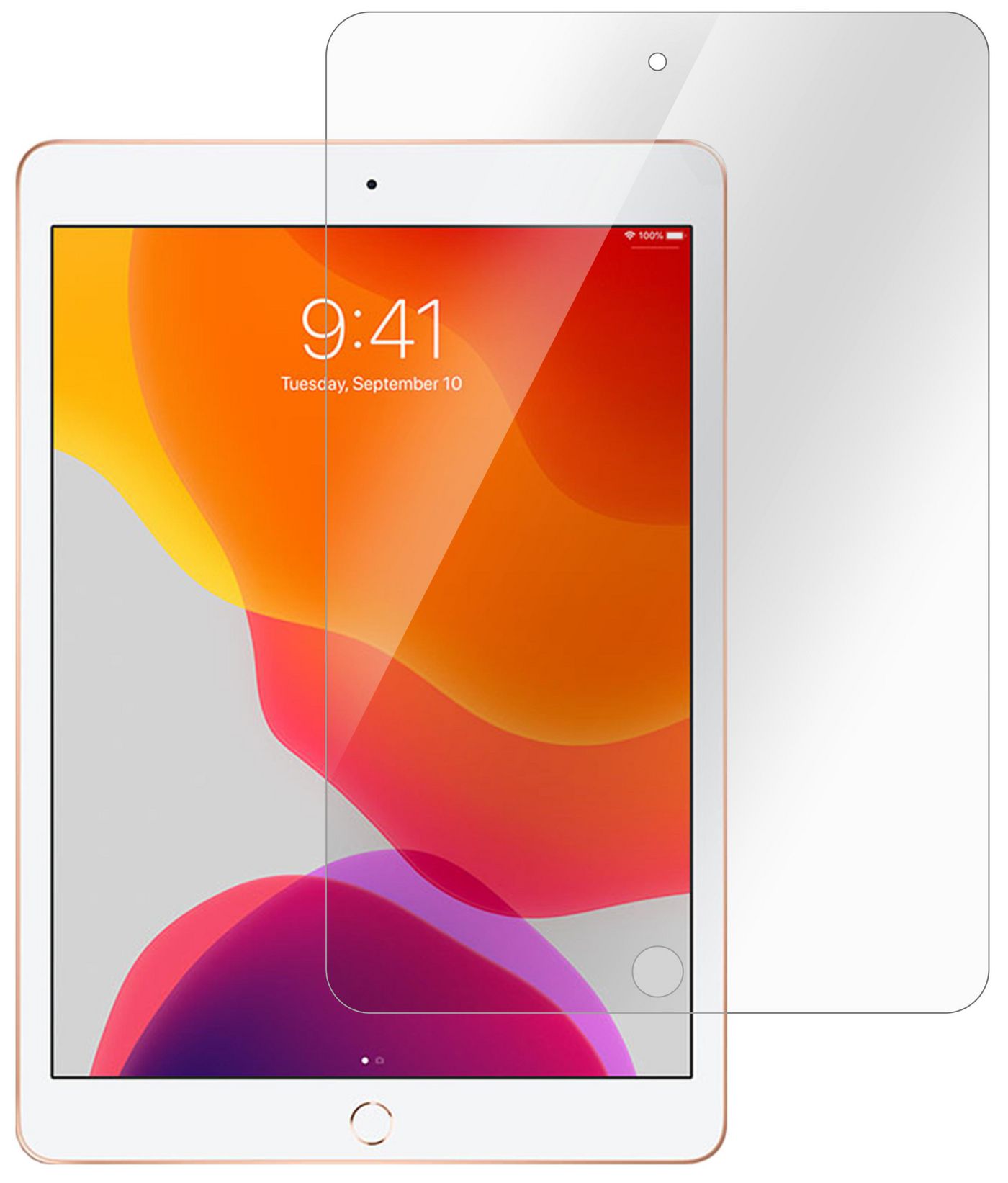 Clear screen protector designed for iPad 10.2" (2019/2020/2021) by eSTUFF, showcasing a smooth, transparent surface with rounded edges and precise cutouts for camera and home button.