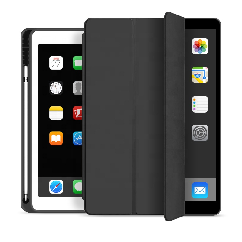 Black PU leather pencil case designed for iPad 9.7 (2018/2017), featuring a sleek exterior and a foldable cover that doubles as a stand.