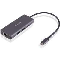 Gray eSTUFF US-C 6-in-1 mobile hub with USB-C connector, Ethernet port, and multiple USB slots.