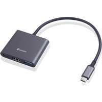 Gray eSTUFF USB-C multiport hub with HDMI, USB ports, and attached cable.