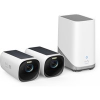 White Eufy 4K security cameras with solar panels, spotlight, and color night vision, paired with a sleek white base station.