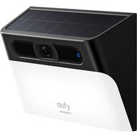Black and white Eufy Solar Wall Light Cam S120 with solar panel and central camera lens by Anker.