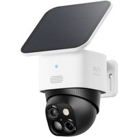 White Eufy SoloCam S340 Bulb IP Security Camera with solar panel and black rotating lens housing by Anker.