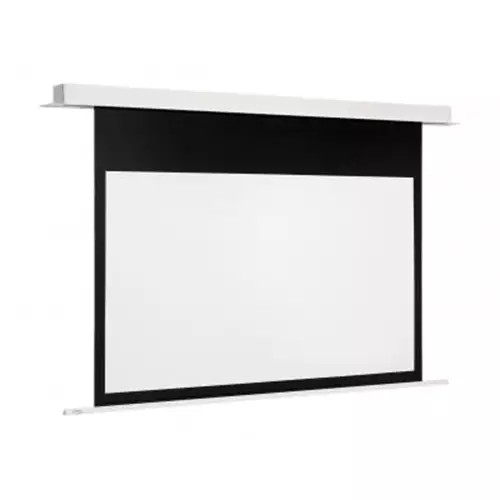 Euroscreen SEZ1617-W projection screen featuring a 68-inch 16:9 white viewing surface with a black border, housed in a sleek white casing with side mounting brackets.