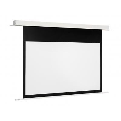 Euroscreen SEZ2217-D projection screen features a sleek white surface framed by a black border, with a minimalist silver casing at the top for ceiling installation.