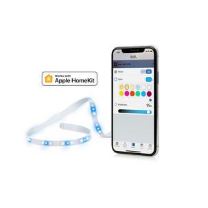 EVE Light Strip in white with blue LED lights, flexible design, paired with a smartphone displaying color options and brightness controls, compatible with Apple HomeKit.