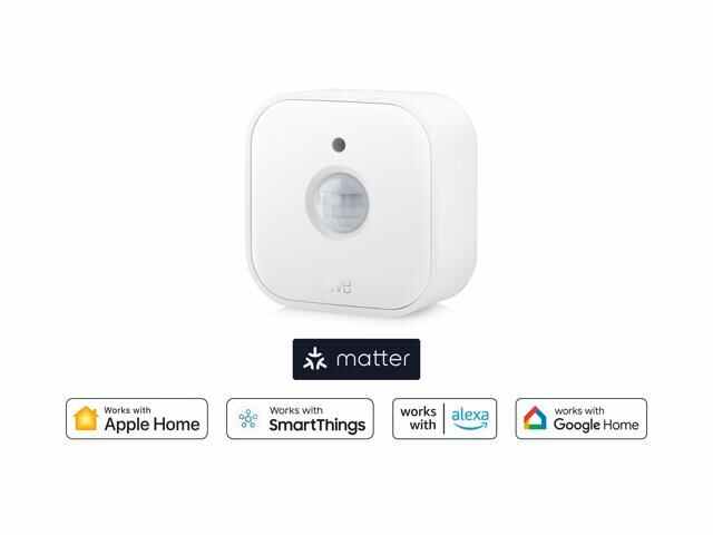Three white EVE Motion sensors with a compact square design, featuring a front motion detector and compatibility icons for Apple Home, SmartThings, Alexa, and Google Home.