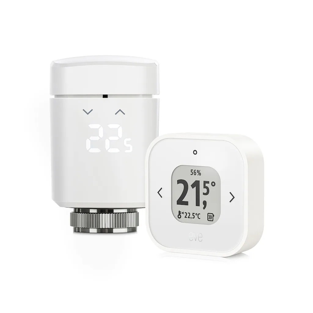 White EVE Thermo Comfort Set featuring a smart radiator thermostat with a digital display and a sleek control panel showing temperature and humidity readings.