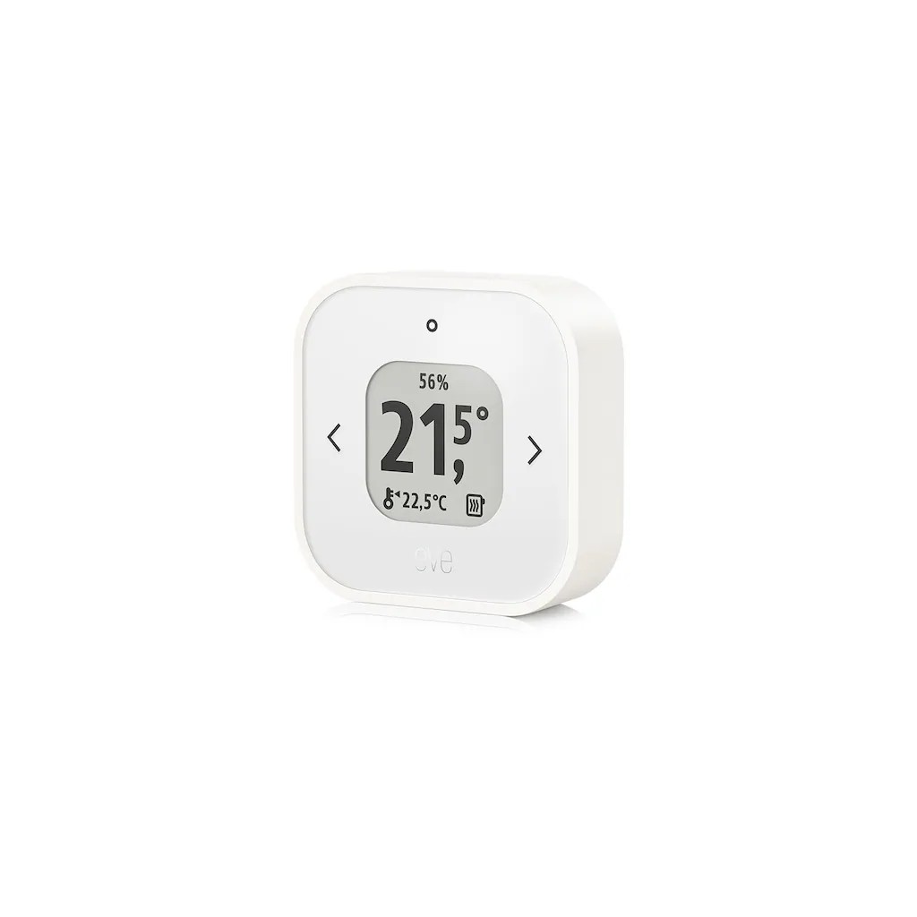 White square thermostat with a digital display showing 21.5°C and 56% humidity, featuring two arrow buttons for adjustments and a sleek, modern design.