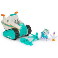 White and teal toy vehicle with orange accents, black treads, and accessories, including a small dog figure and tools.