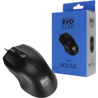 Black Evo Labs MO-128 USB optical mouse with ergonomic design and blue packaging box.