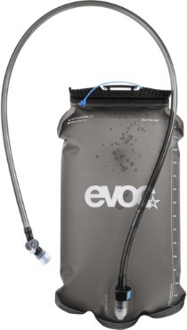 Black 3-litre hydration bladder by Evoc with a large opening for filling, a clear measurement scale, and a flexible drinking tube with a bite valve.