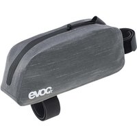 Gray Evoc waterproof top tube pack, 0.8L, with zip closure and two black straps for bike attachment.