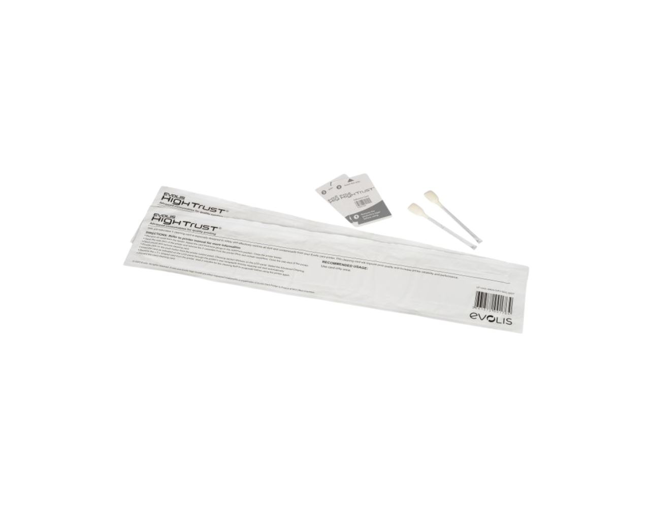 Evolis Agilia ACL010 Advanced Printer Cleaning Kit featuring white cleaning cards, cotton swabs, and a small packaging card, all designed for printer maintenance.