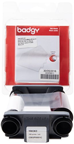 YMCKO color ribbon for Evolis Badgy 100 & 200, featuring a transparent casing, red packaging, and labels indicating 100 prints per roll and "THIS SIDE UP."