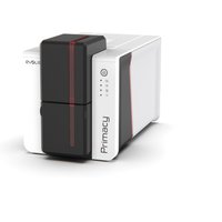 White and black Evolis Primacy 2 card printer with red accents, dual-sided printing capability, compact design.