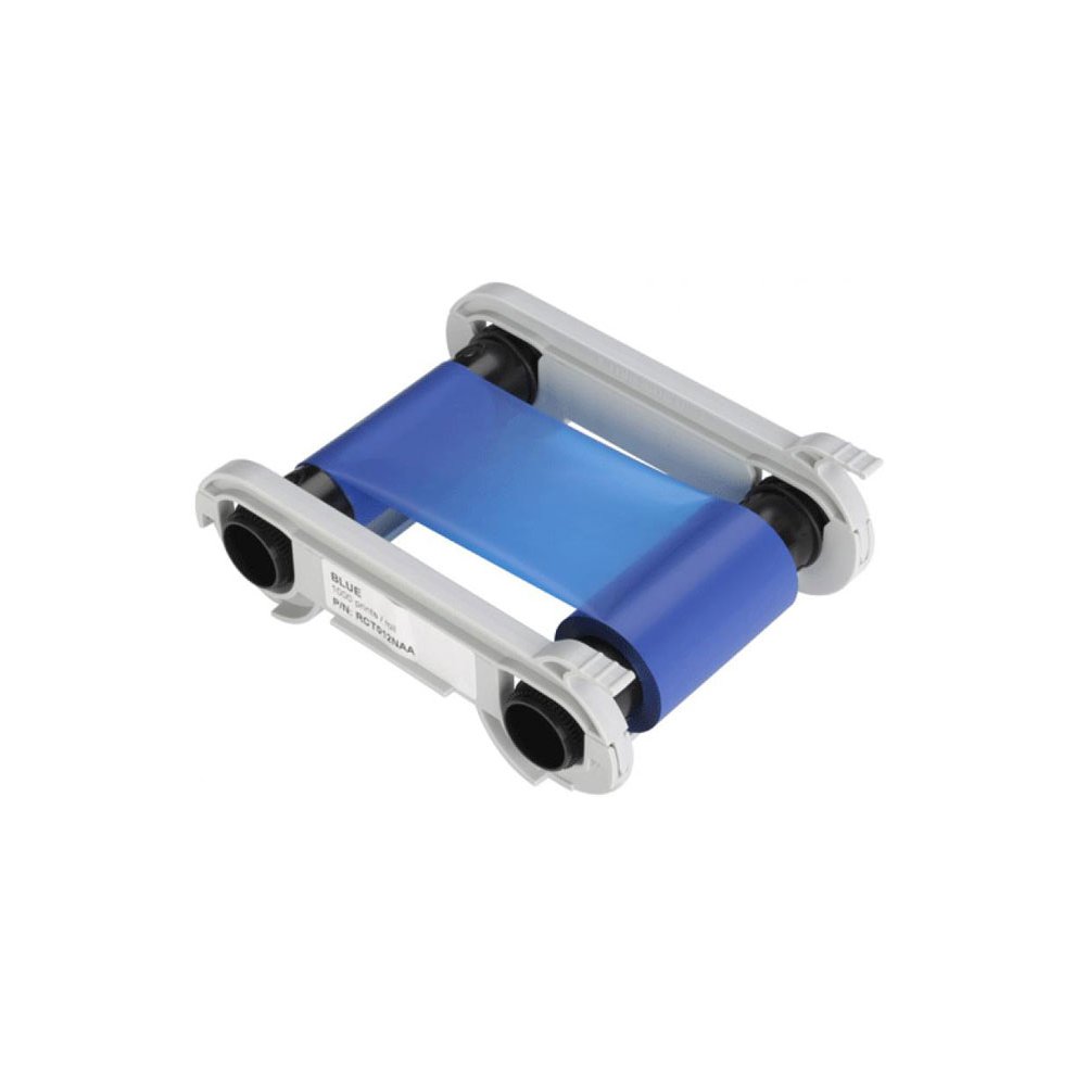 Blue thermal-transfer ribbon with a plastic core, designed for Evolis printers, capable of printing up to 1,000 pages.