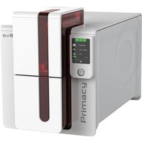 White Evolis Primacy printer with touchscreen LCD display and red accent stripe on the front panel.