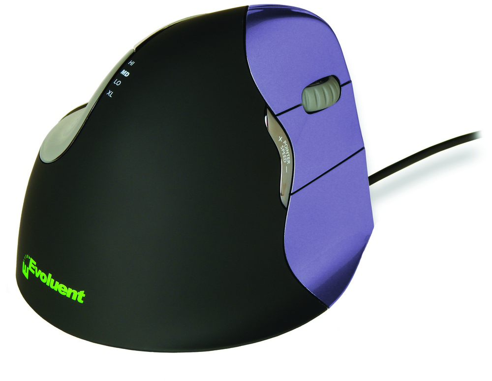 Evoluent VM4 small right-hand mouse features a sleek black body with a purple accent, ergonomic design, and multiple buttons for enhanced functionality.