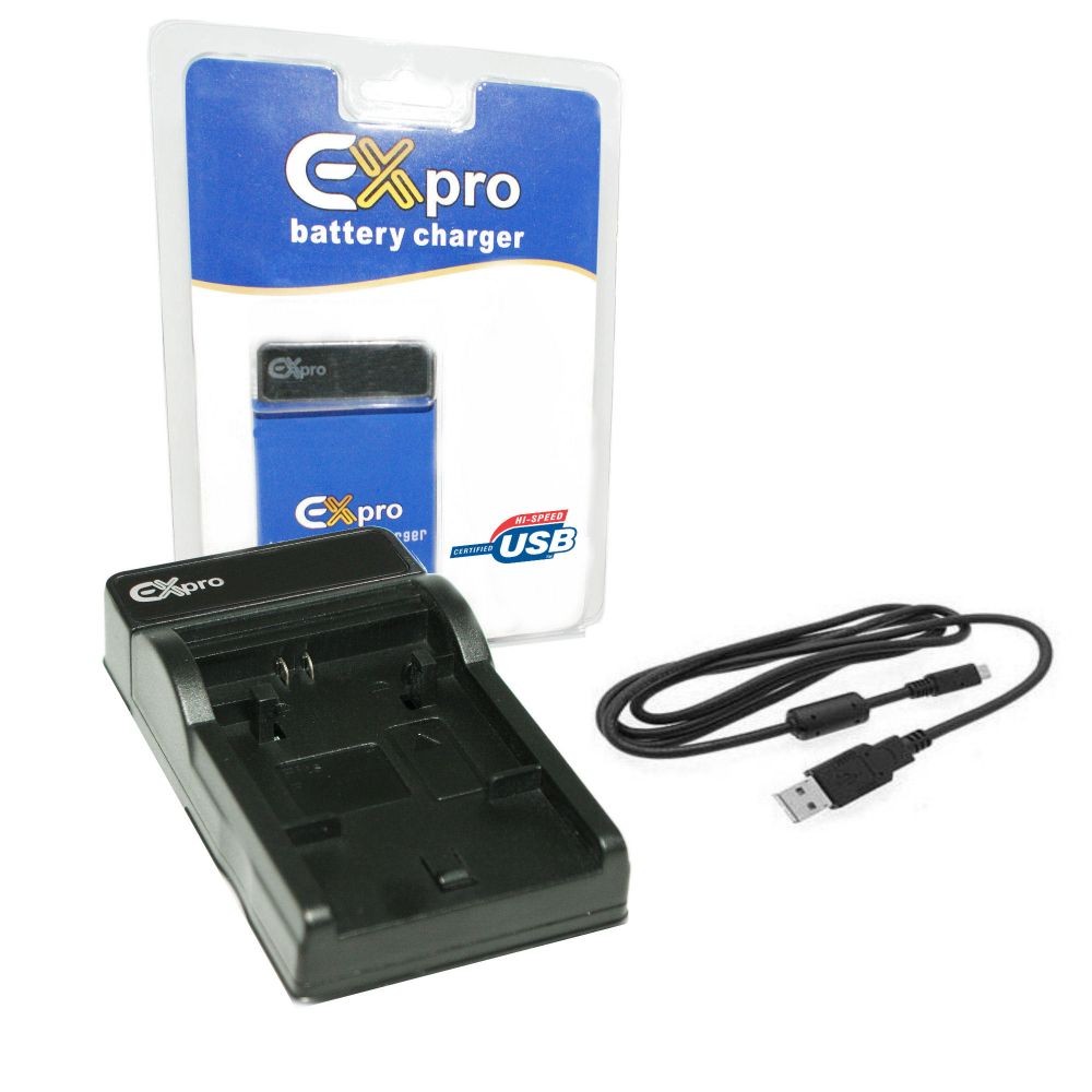 Ex-Pro Olympus BLN-1 battery charger in black plastic, featuring two battery slots, accompanied by a USB cable, all set against a blue and white packaging background.