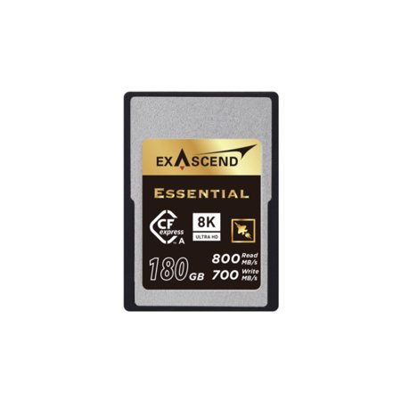 Exascend ESSENTIAL 180 GB CFexpress Type A card featuring a silver and black design with a gold label, indicating 800 MB/s read and 700 MB/s write speeds.