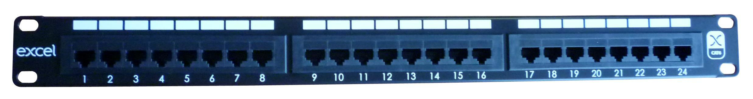 Black rack-mounted cable management panel with 24 ports, featuring numbered labels for organization and a sleek, durable design by Excel.