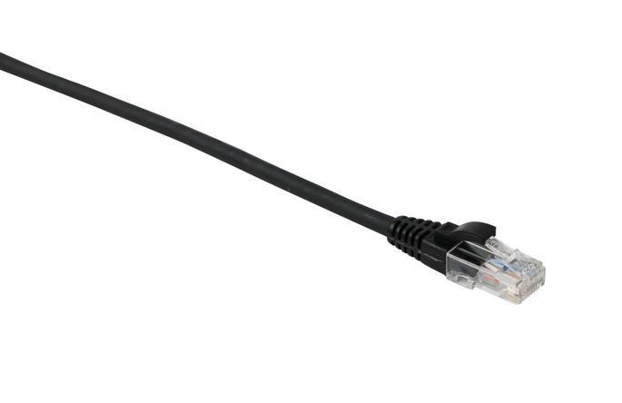 Black 5-meter Cat6 U/UTP networking cable featuring a clear plastic connector with eight metal pins, designed for high-speed data transmission.
