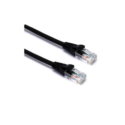 Black Ethernet cable with clear plastic connectors on both ends, featuring multiple colored wires visible through the transparent casing.