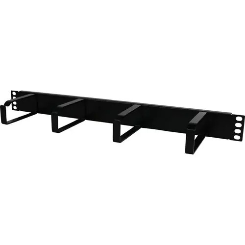 Black metal cable management panel with four horizontal hooks, designed for rack mounting, featuring multiple mounting holes for secure installation.