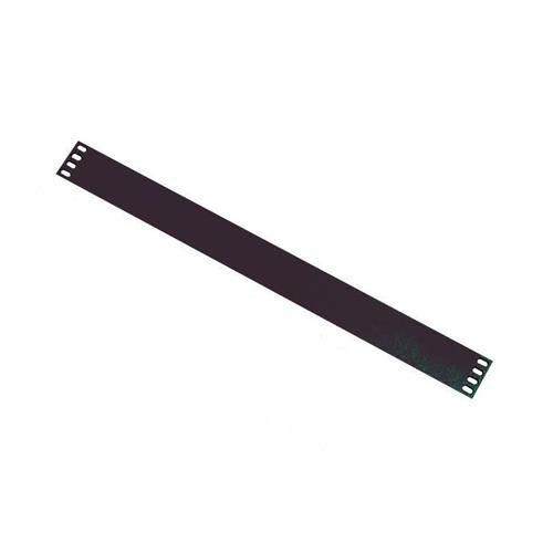 Black metal blank panel designed for rack mounting, featuring multiple mounting holes along the edges for easy installation.